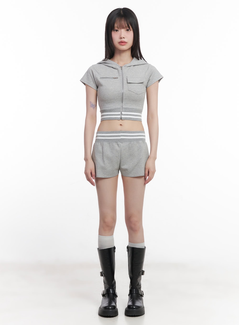 Striped Zip-Up Hooded Crop Top CU506