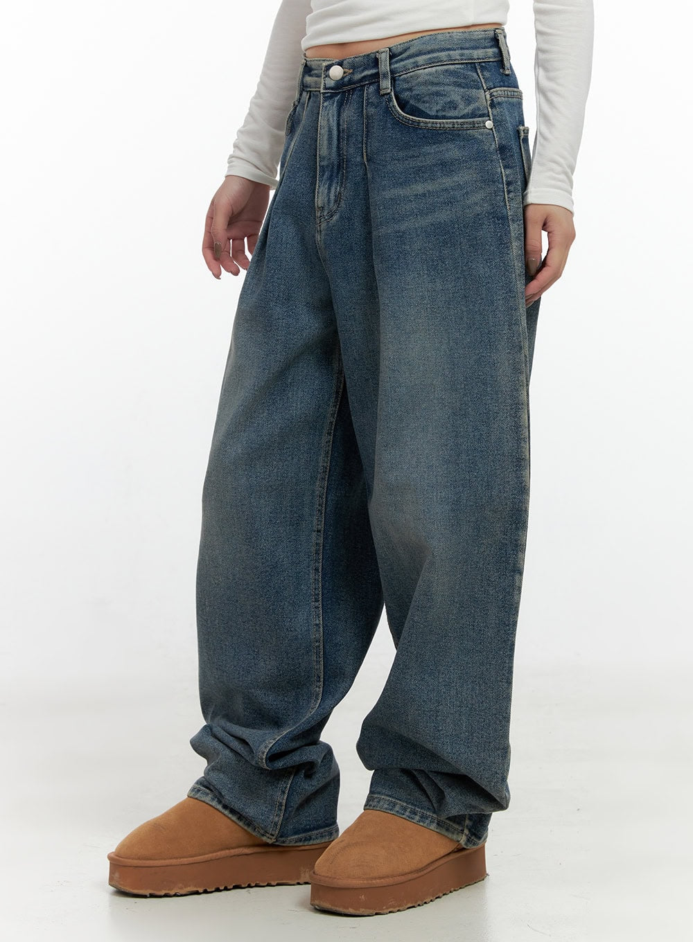 Wynne Pintuck Washed Denim Baggy Jeans CN408