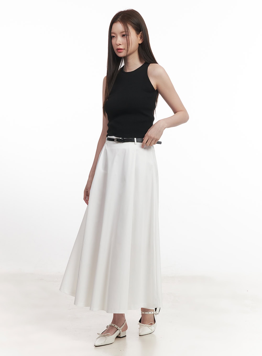 Flowy Pintuck Flare Maxi Skirt with Belt CA501