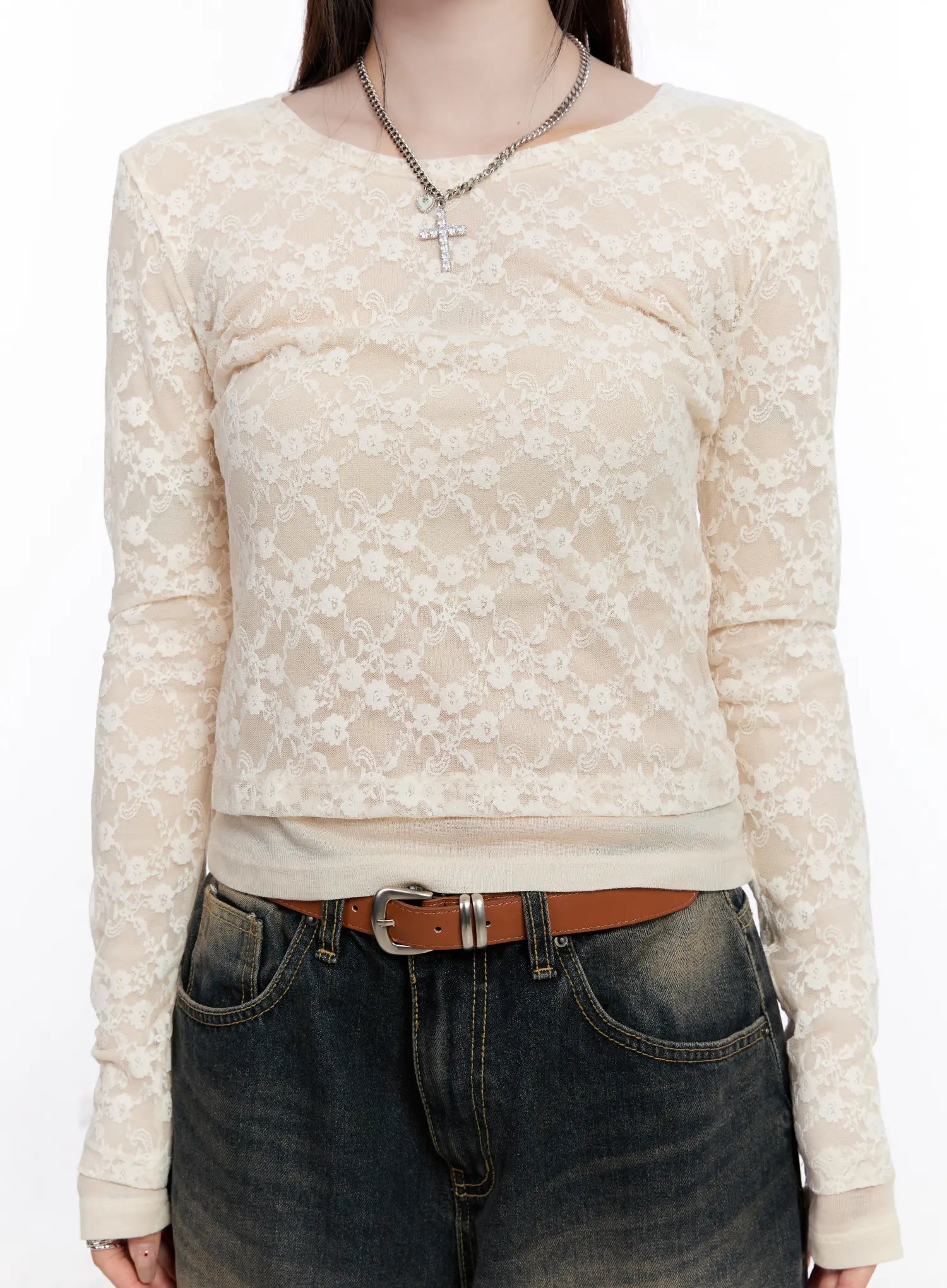 Floral Lace Slim-Fit Long Sleeve Top CO501