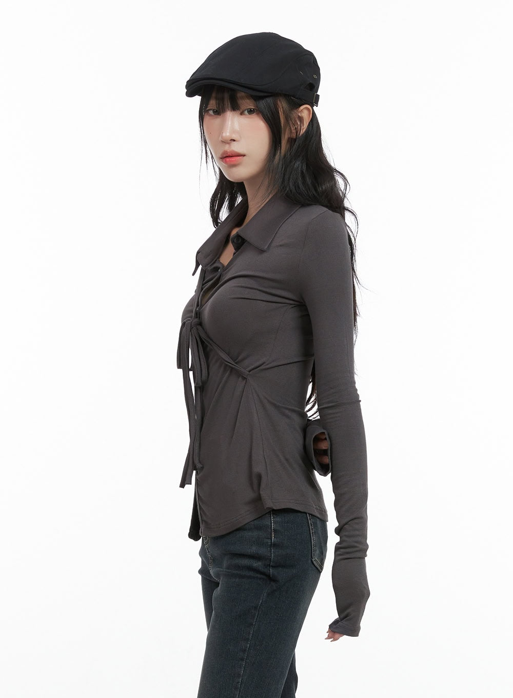 Long Sleeve Slim Tie Collar Top CG421