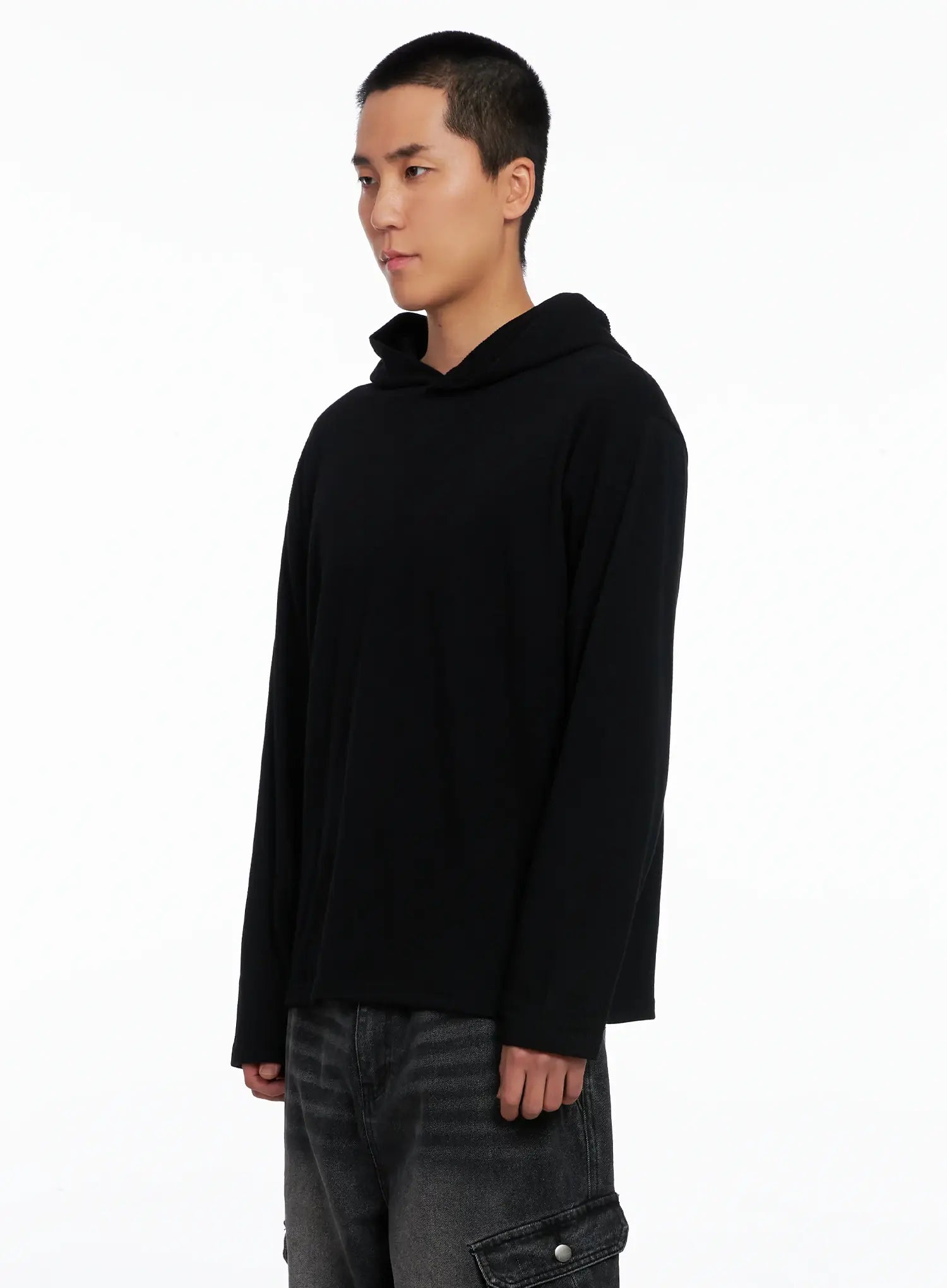 Men's Ribbed Layered Hooded Long Sleeve Tee IS509