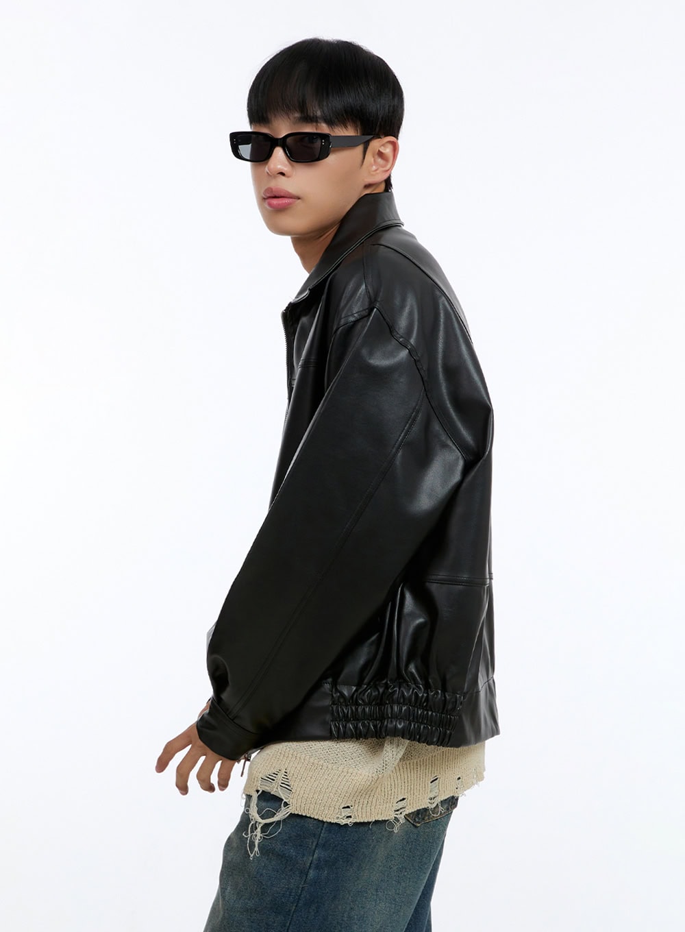 Men's Faux Leather Zip-Up Collar Jacket IG421