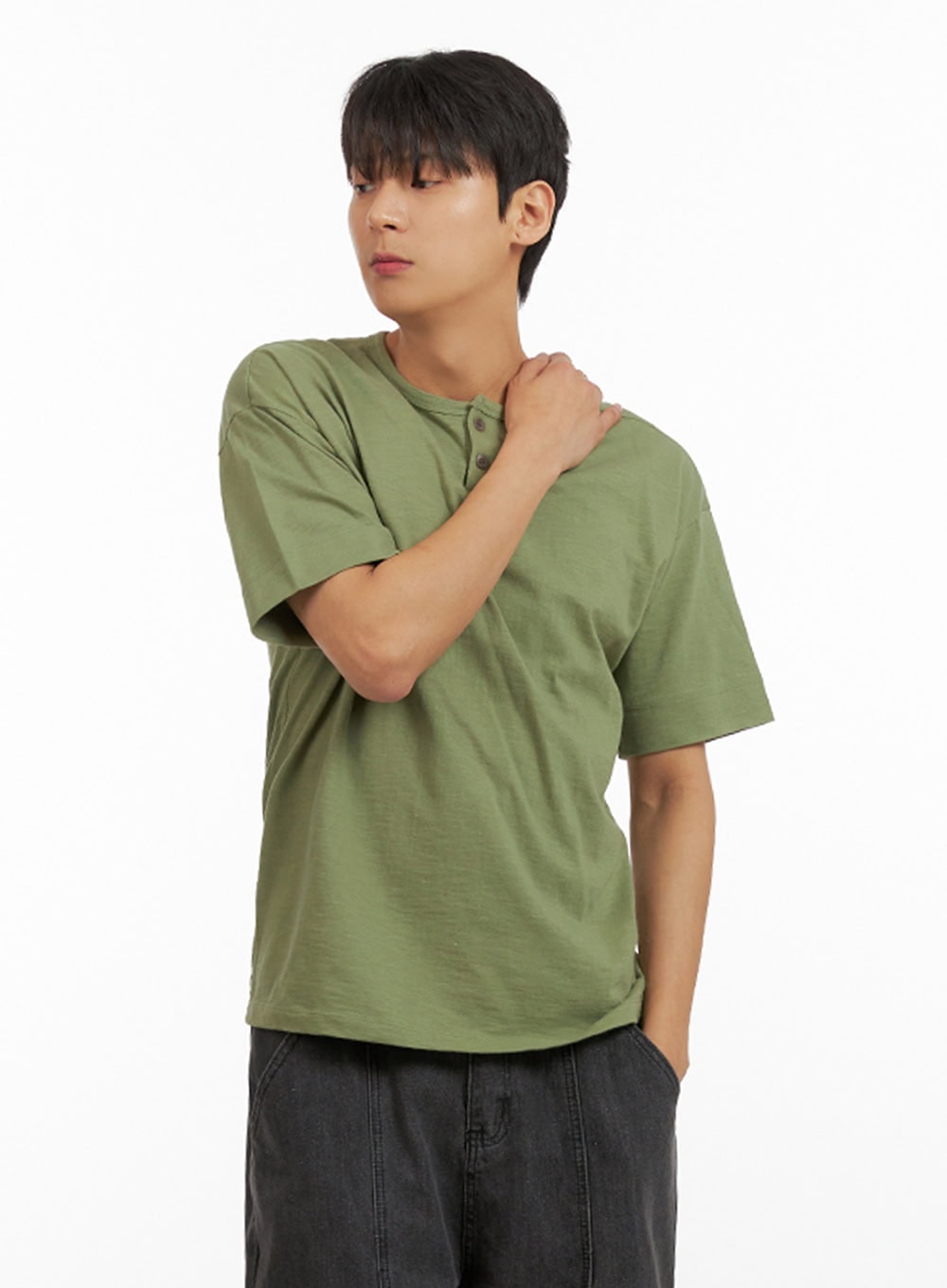Men's Cotton Round Neck Button T-Shirt (Dark Green) IU418