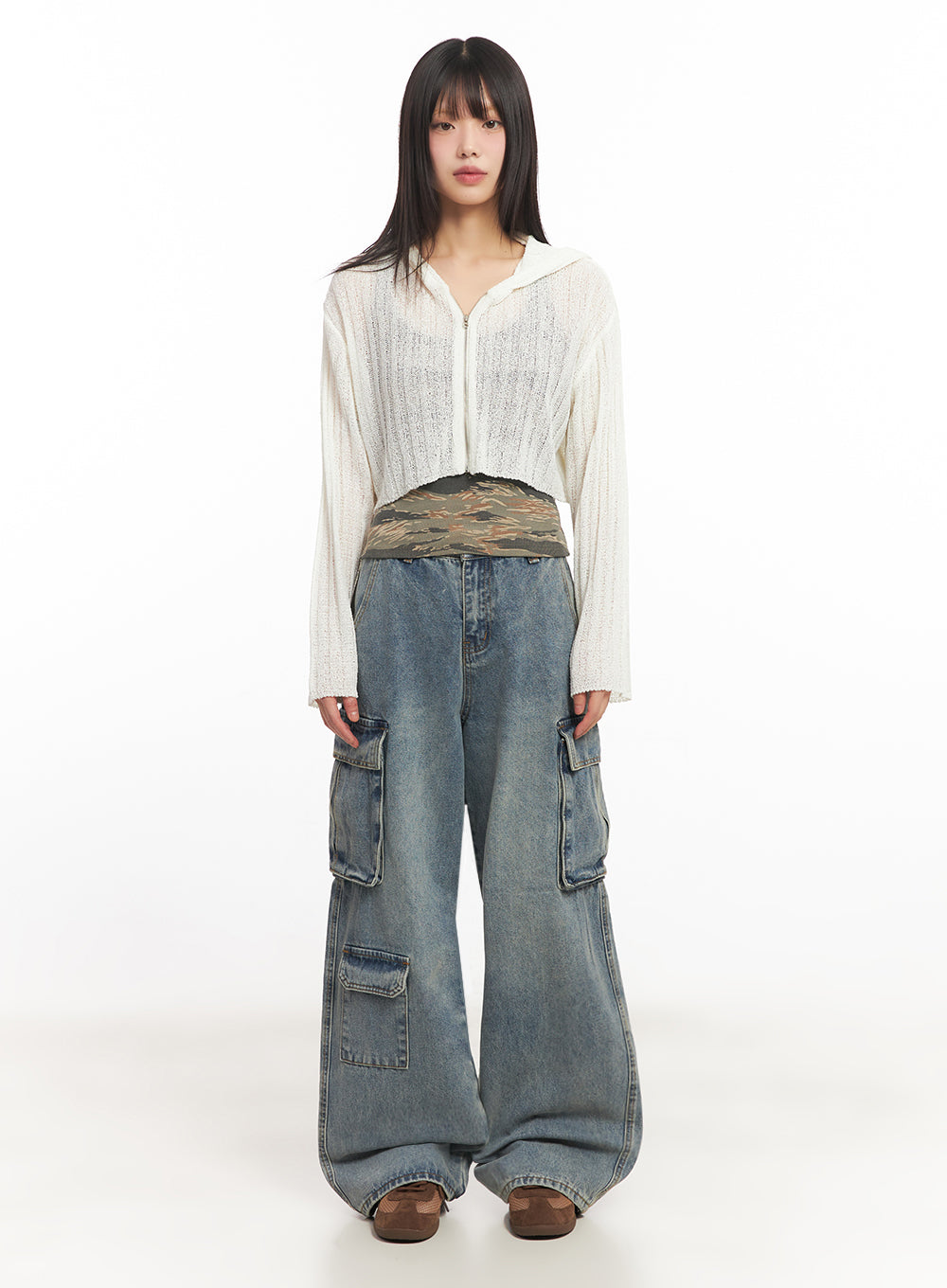 Zip-Up Sheer Hooded Cardigan IA528