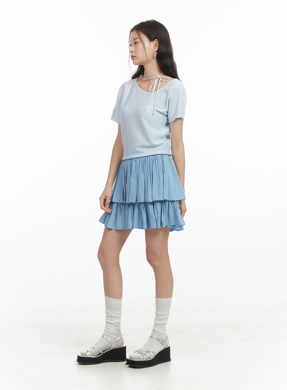 Solid Ruched Ruffle Hem Mini Skirt OY421