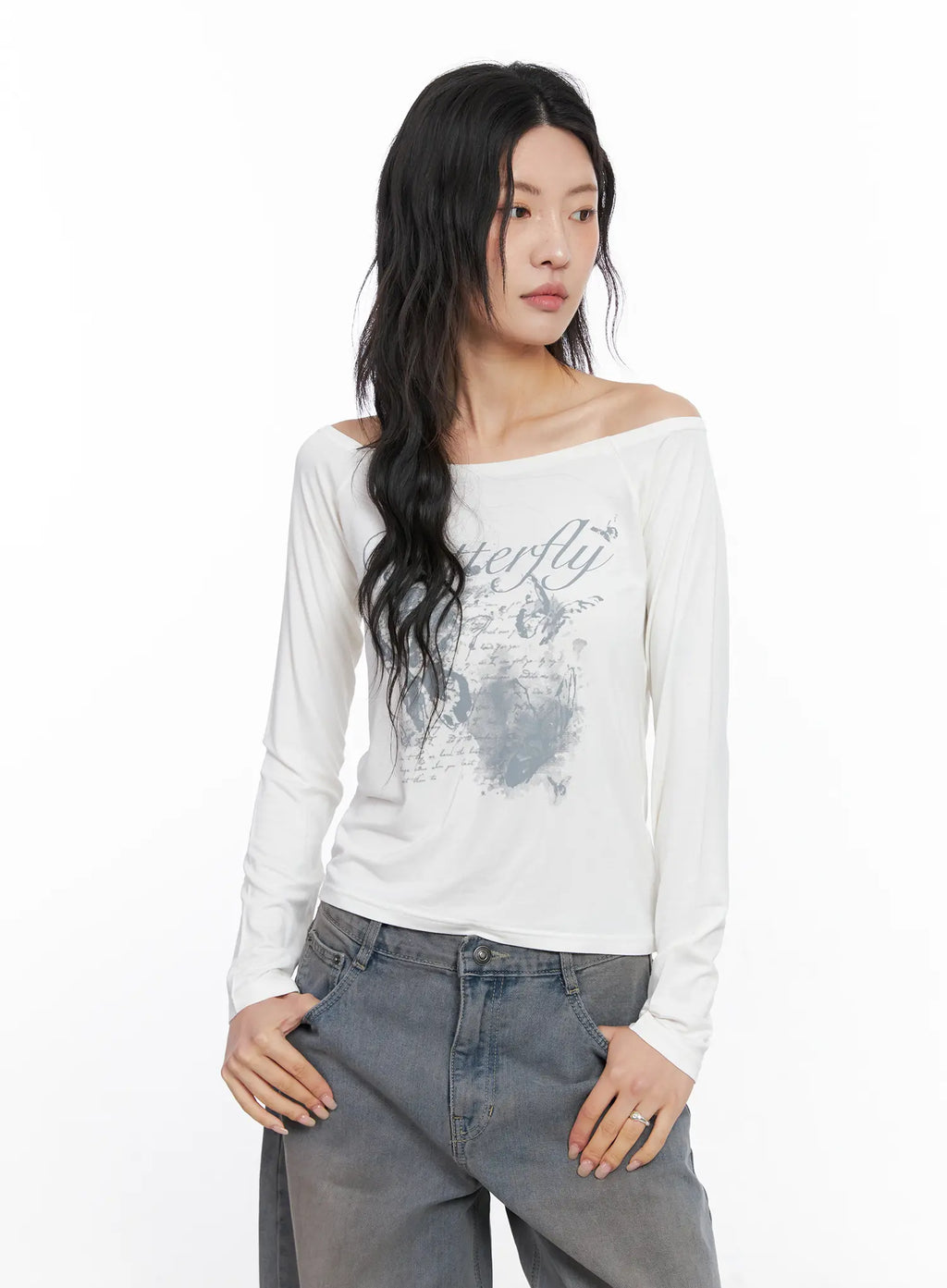Graphic Off-Shoulder Long Sleeve Tee CC1809
