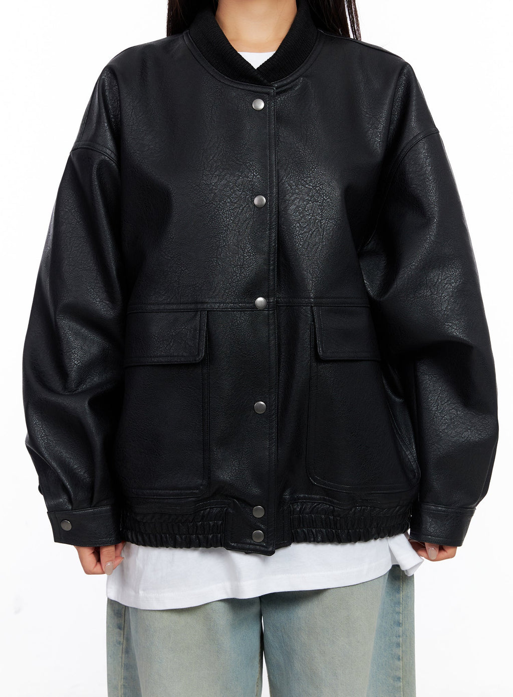 Oversized Faux Leather Baseball Jacket CO515