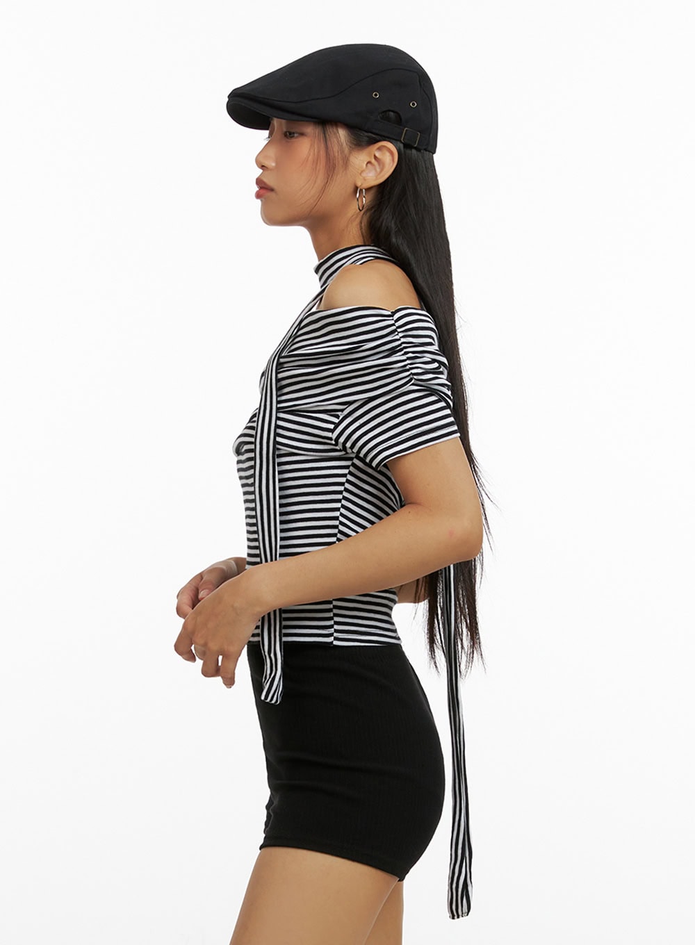 Cotton Stripe Shirred Off Shoulder Crop Top with Scarf IU412