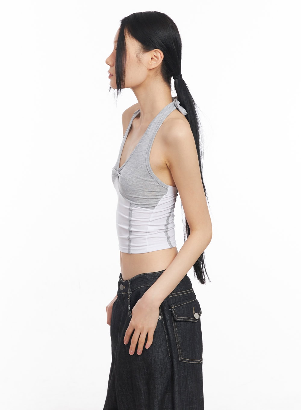 Shirred Halter V-Neck Crop Tank Top CY528