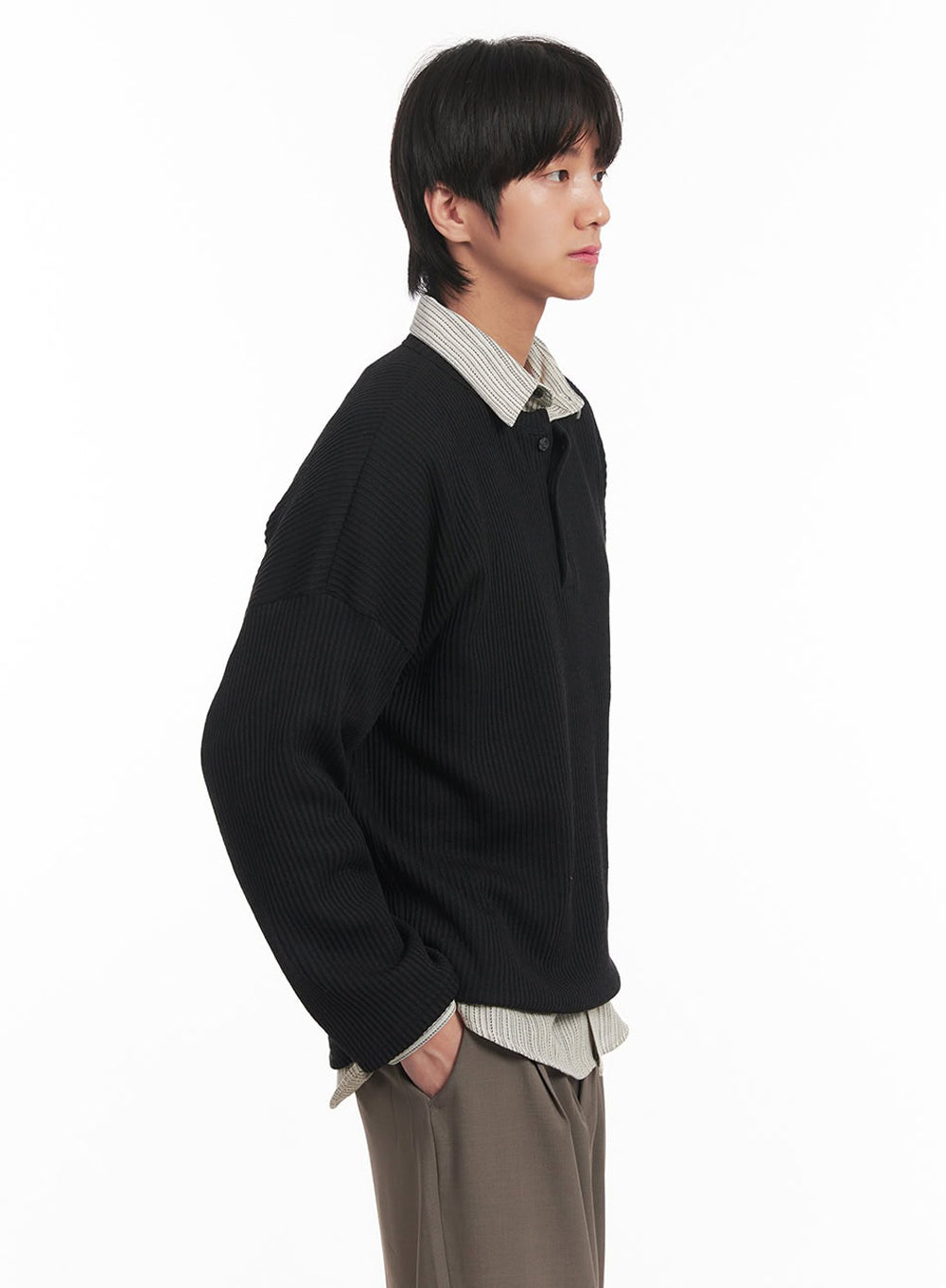 Men's Ribbed Buttoned Long-Sleeve Shirt IA510