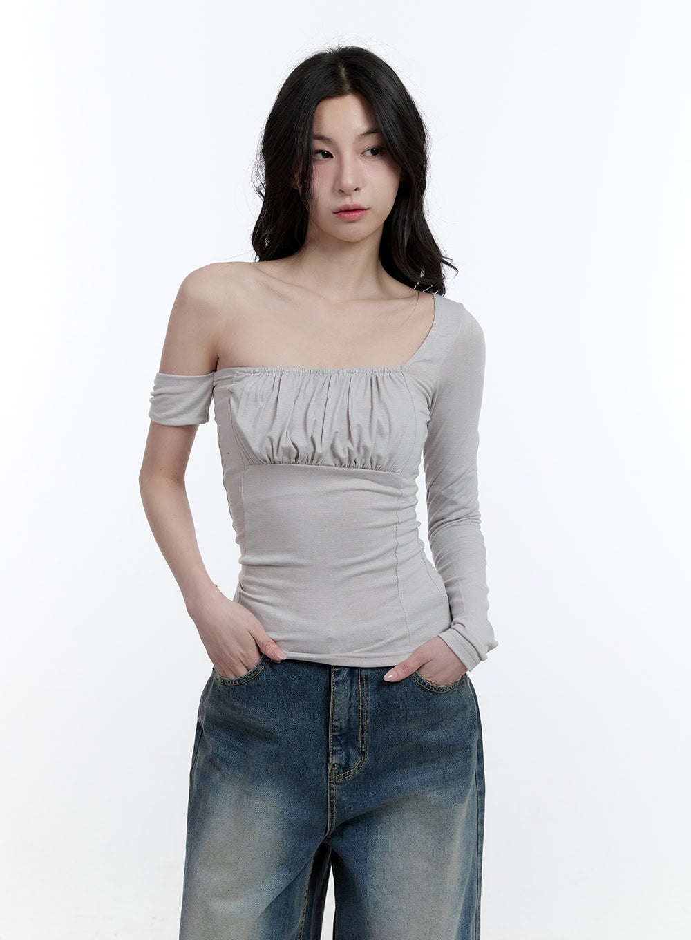 One-Shoulder Asymmetric Shirred Top CJ520