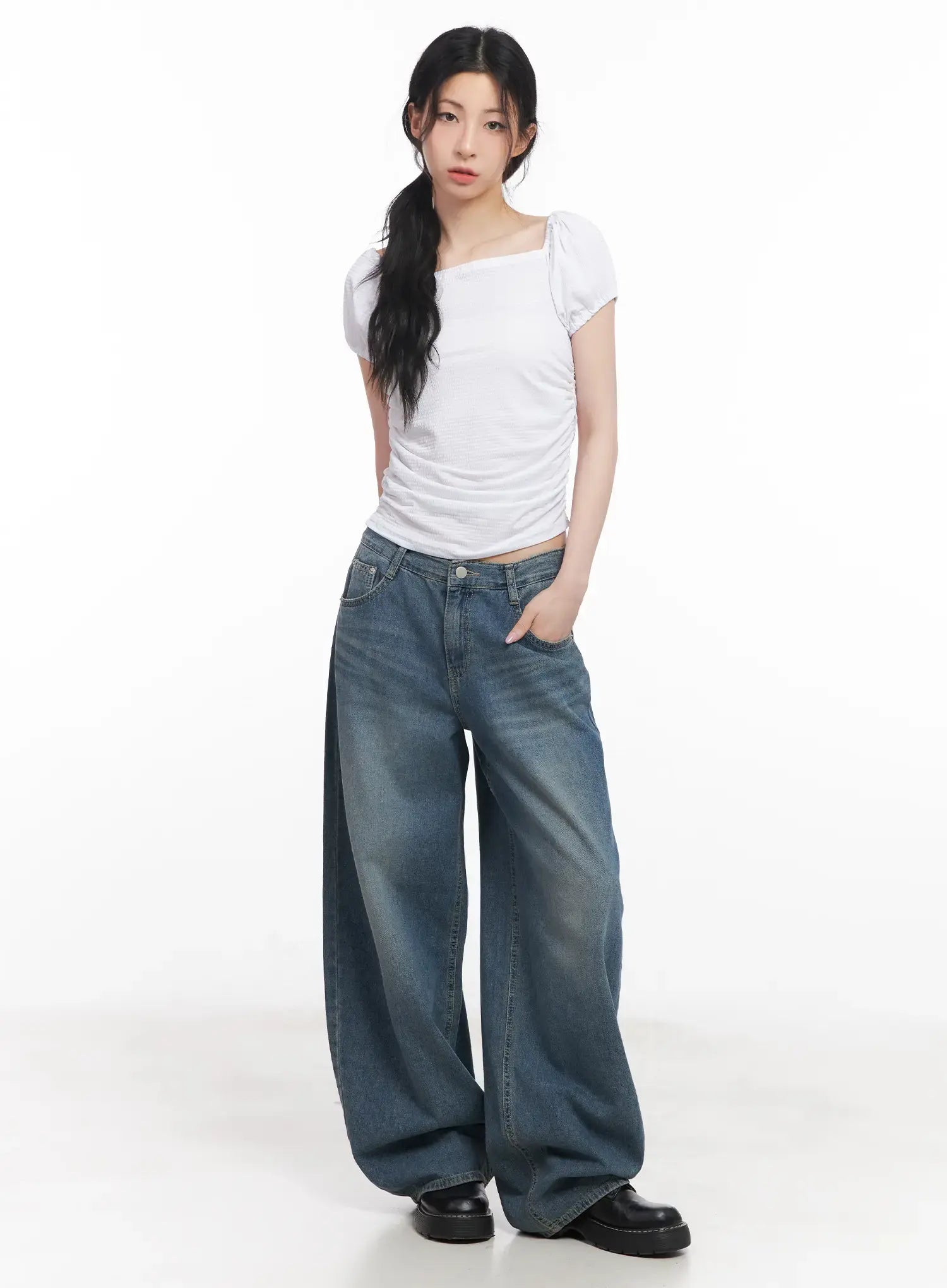 Shirred Puff-Sleeve Crop Top CU511