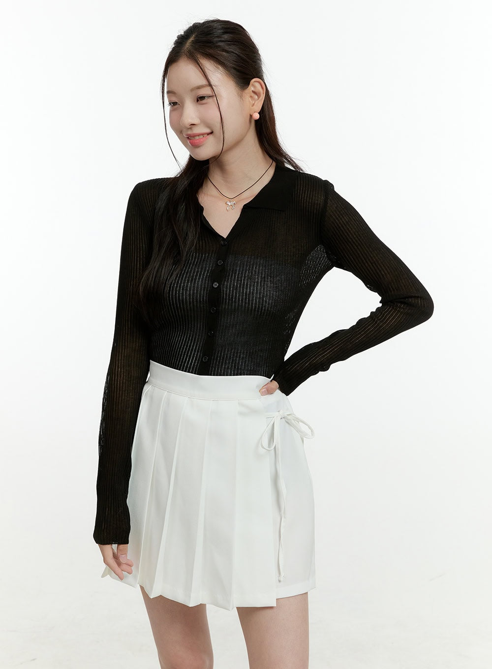 Sheer Ribbed Buttoned Cardigan OL430