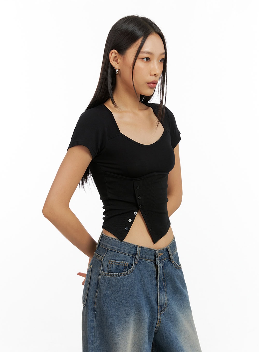 Asymmetrical Buttoned Square Neck Crop Top IG405