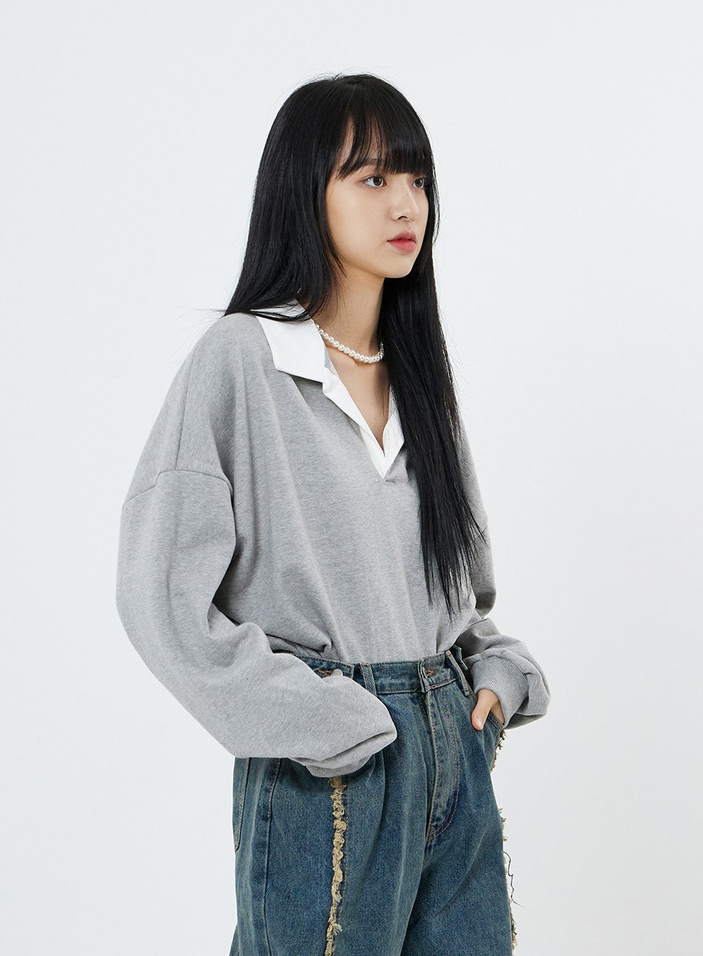 V-Neck Shirt Collar Oversize Sweatshirt OO13