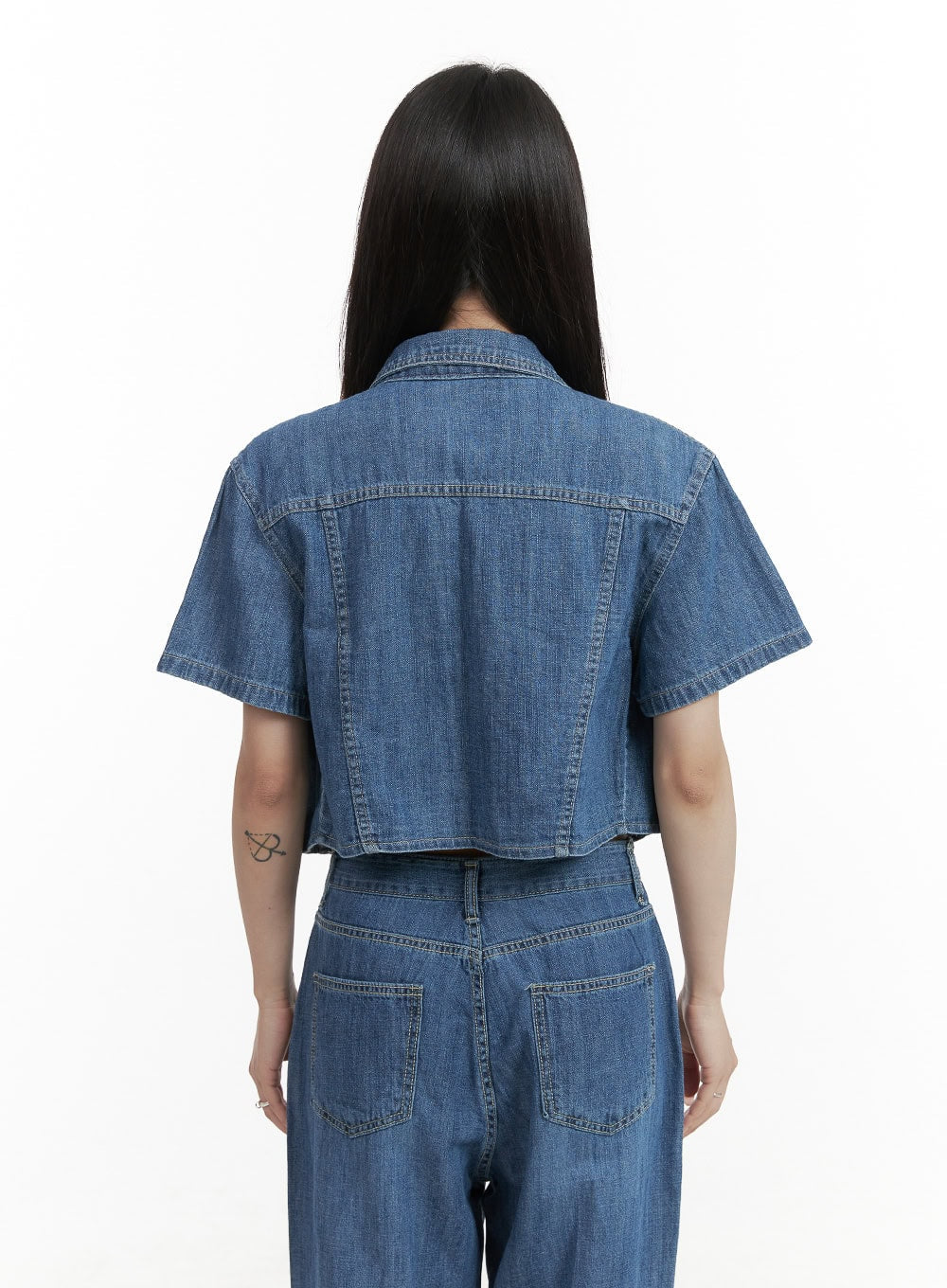 Pocketed Washed Denim Crop Shirt CY407