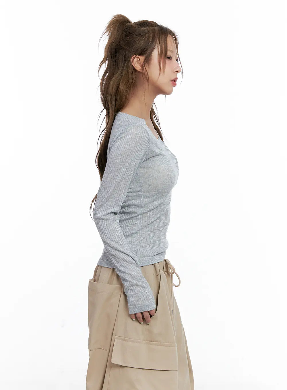 Ribbed Sheer Long-Sleeve Top CL514