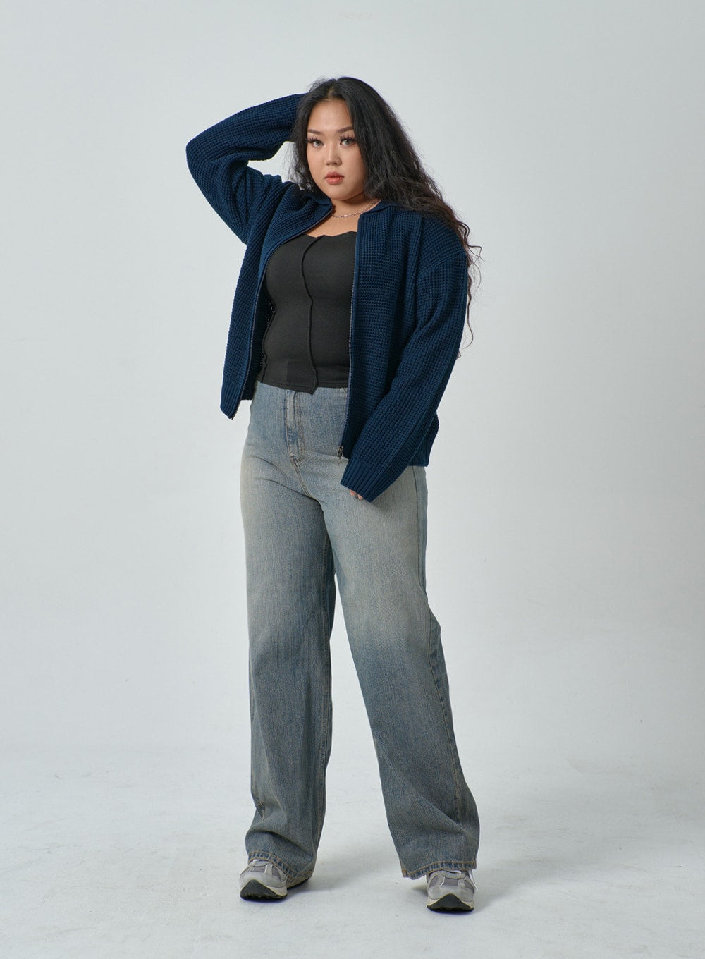 Plus Waffle Pattern Collared Two Way Zip-Up Knit