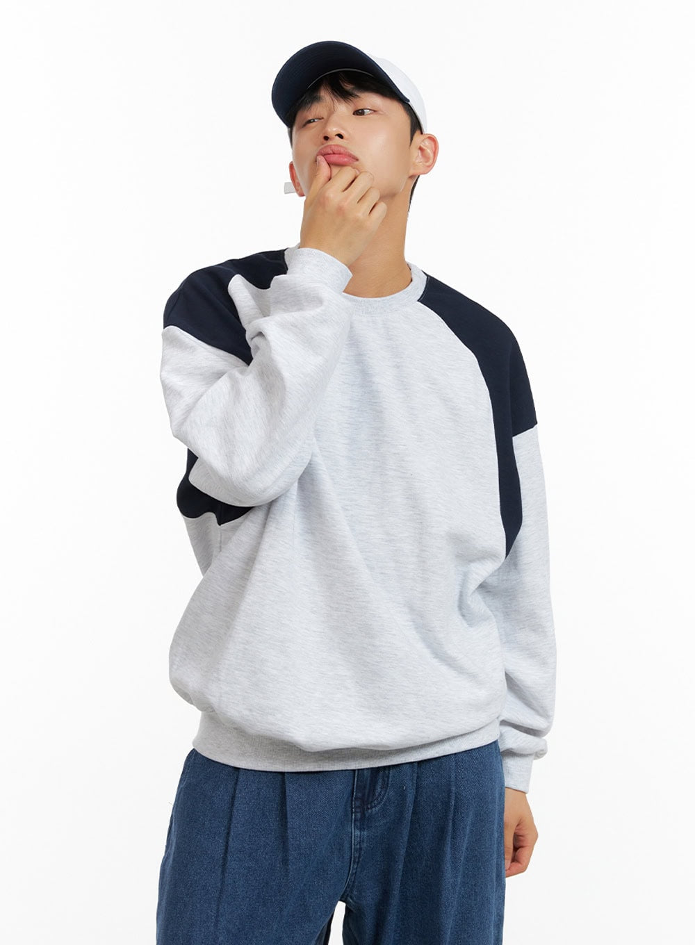 Men's Cozy Contrasting Crewneck Sweatshirt (White) IU414