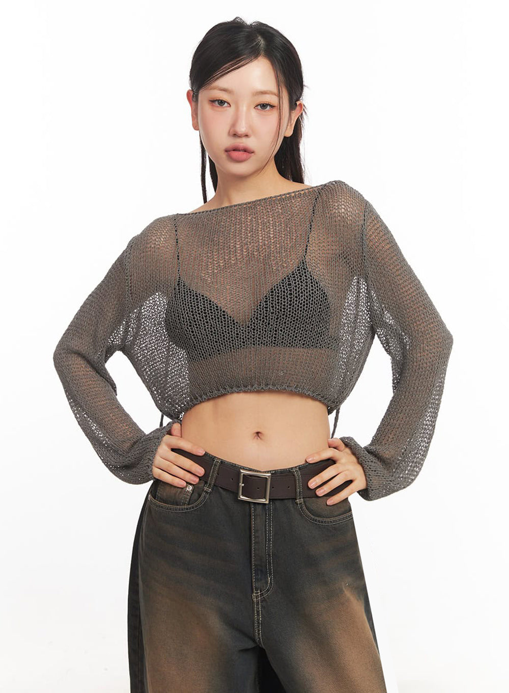 Mesh Back-Strap Knit Crop Top IA521