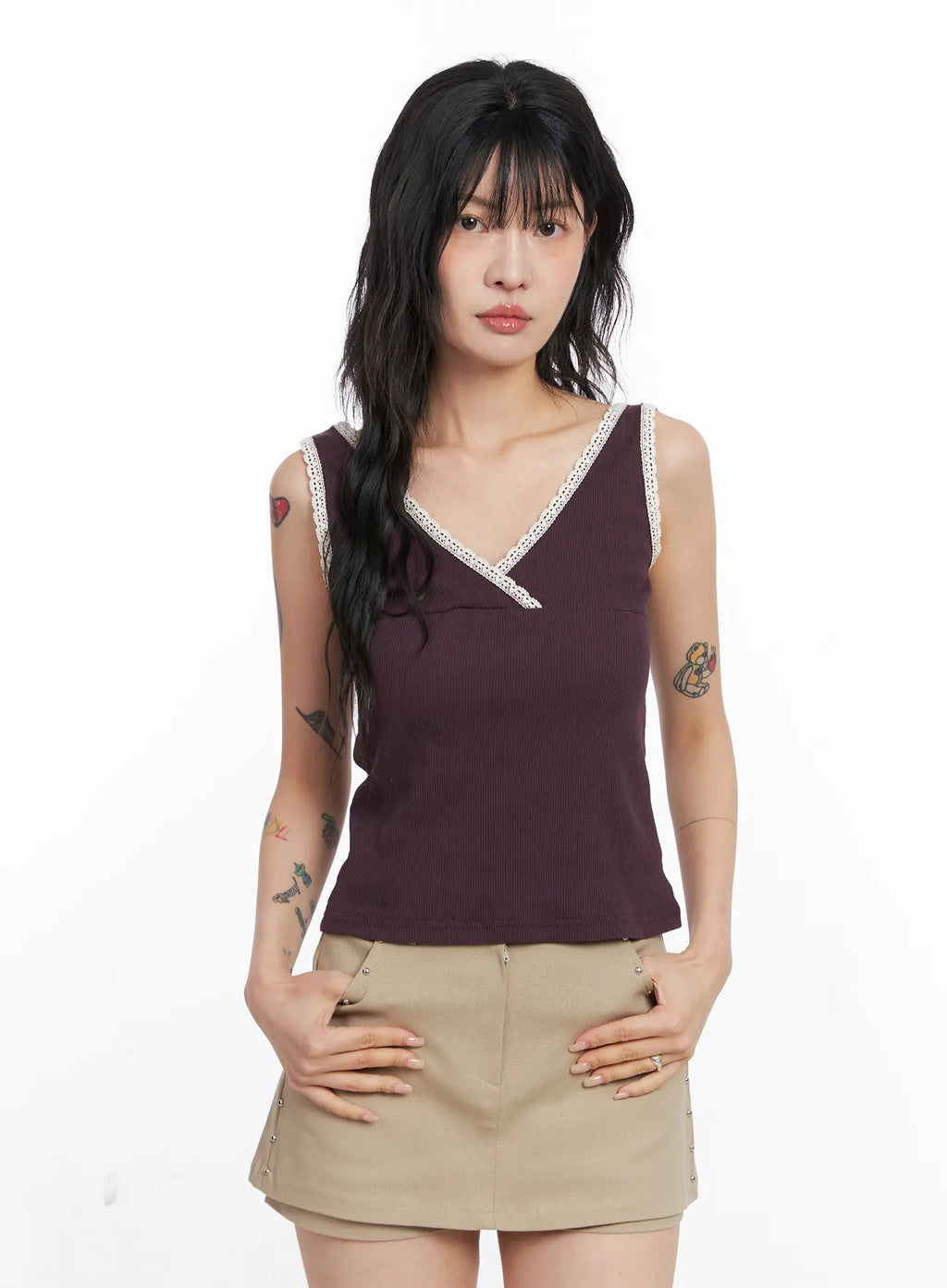 Lace V-Neck Ribbed Tank Top CO507