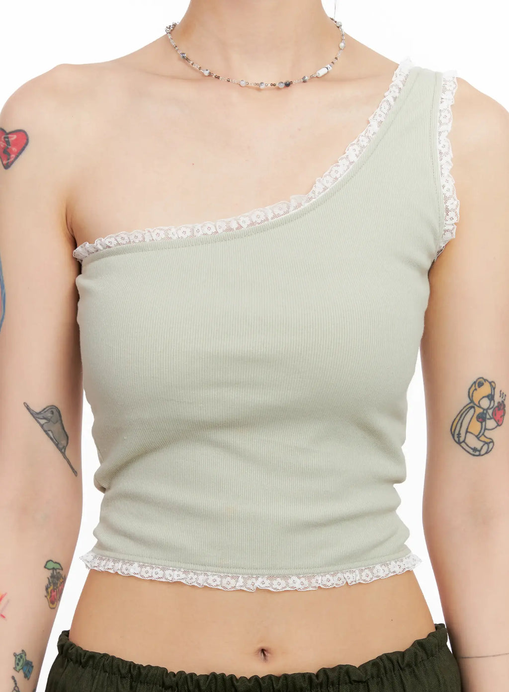 Asymmetric Lace-Trim Ribbed Top CL525