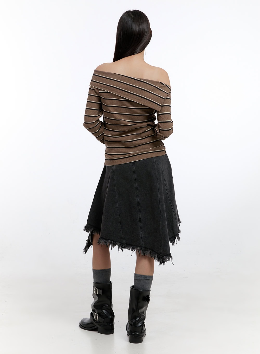 Unbalanced Washed Denim Midi Skirt CN401