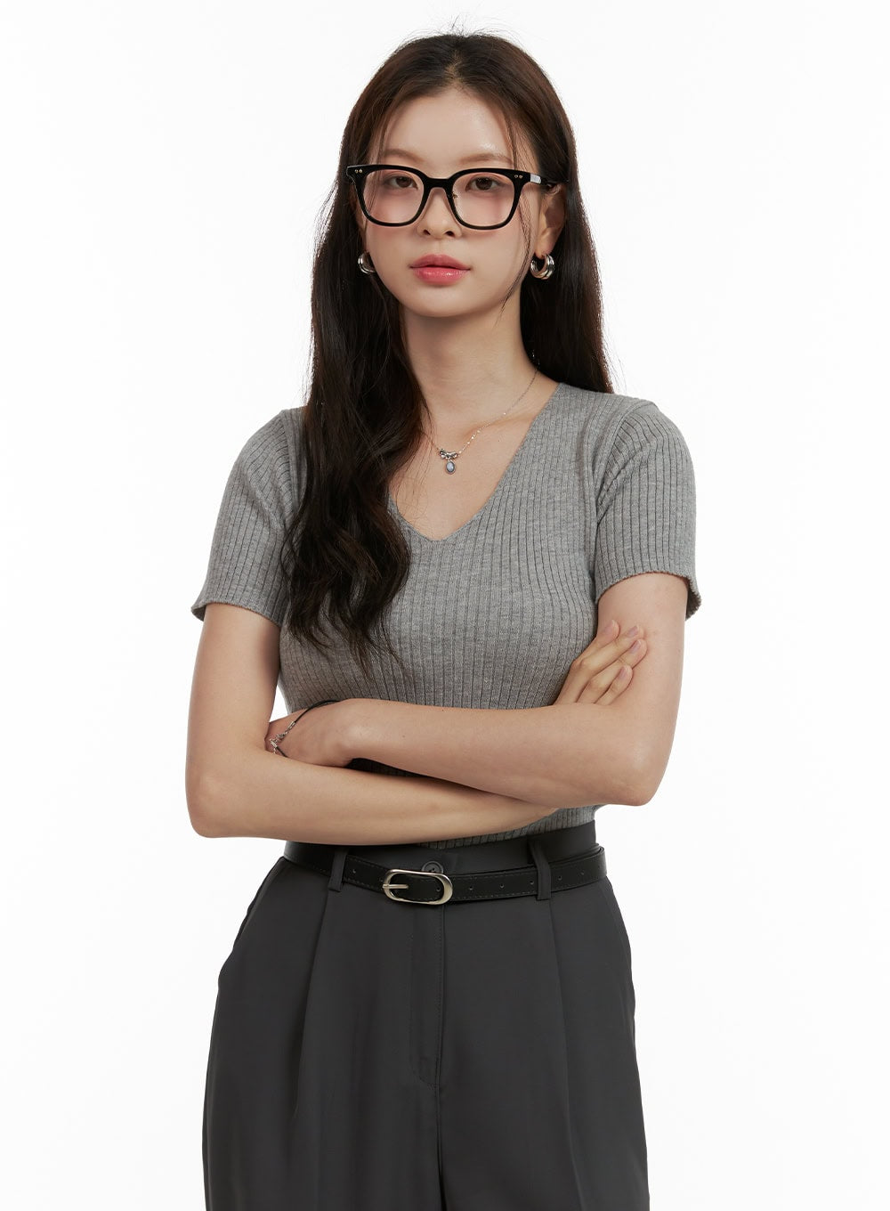 Summer V-Neck Ribbed Knit Top OU411