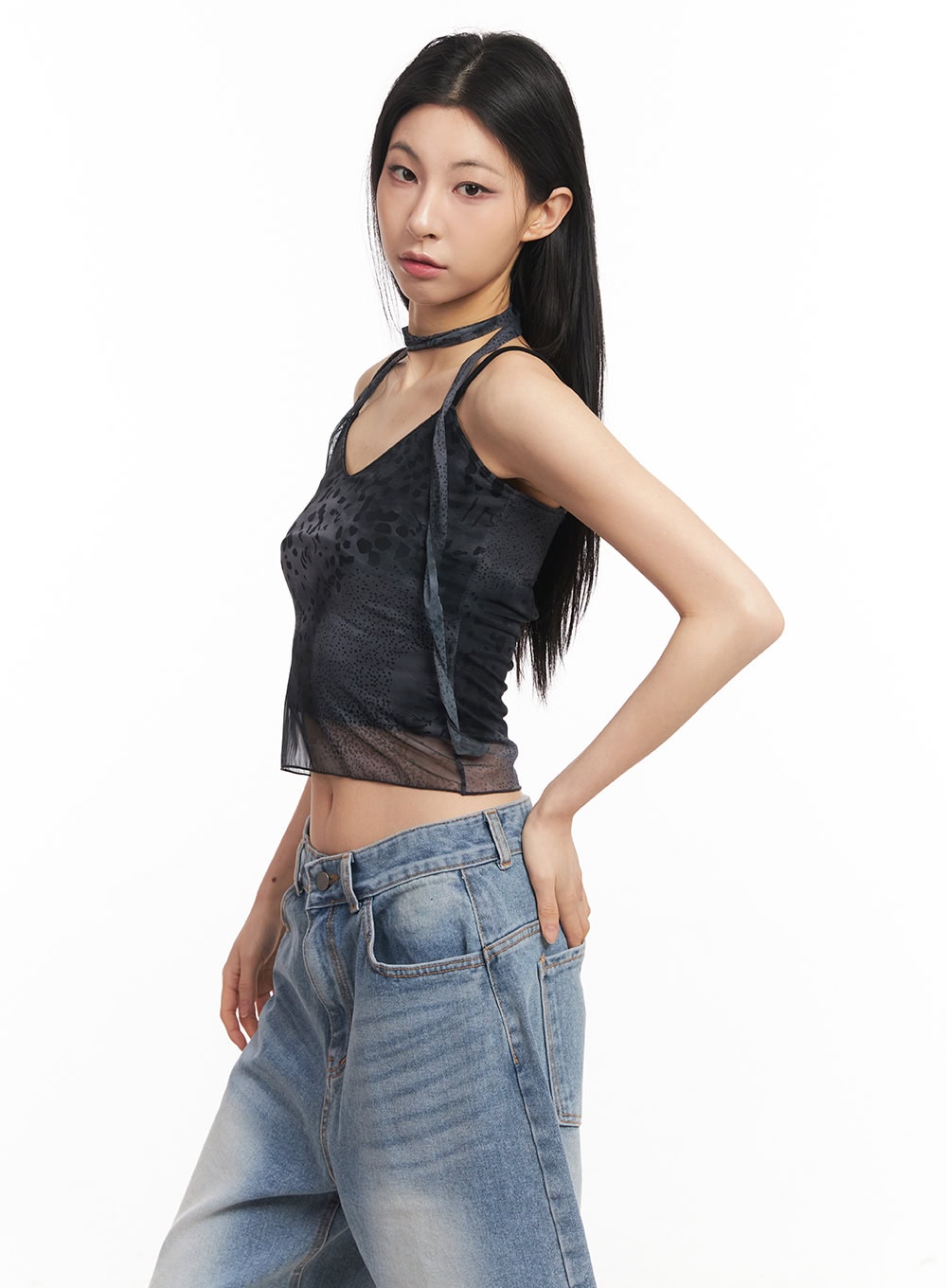 Leopard Mesh Crop Cami Top with Scarf CA516