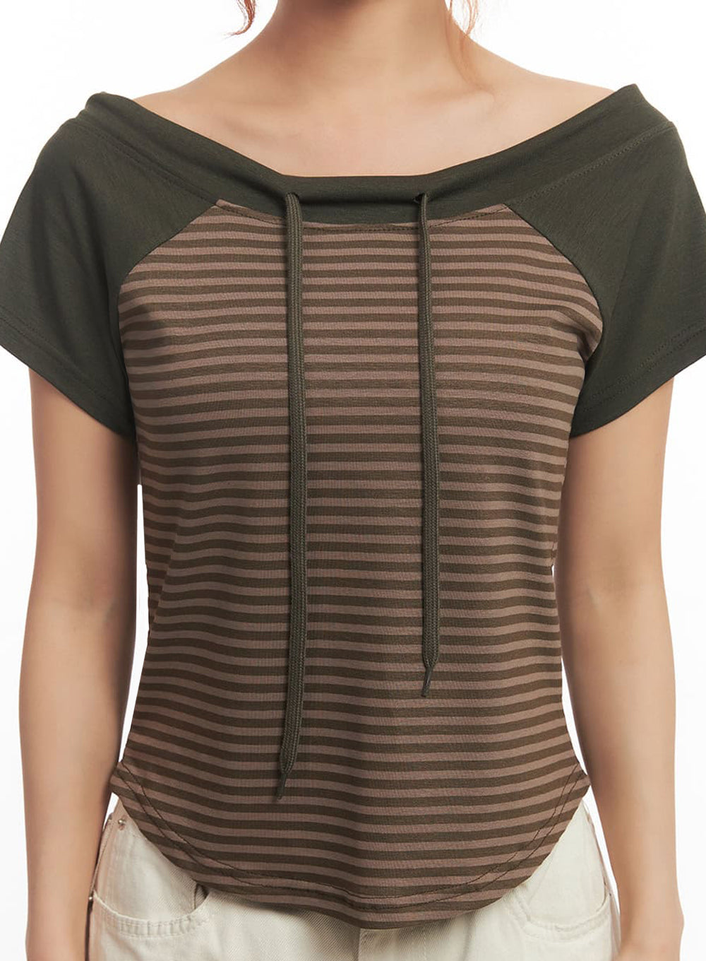 Stripe Off-Shoulder Hooded Top IA517