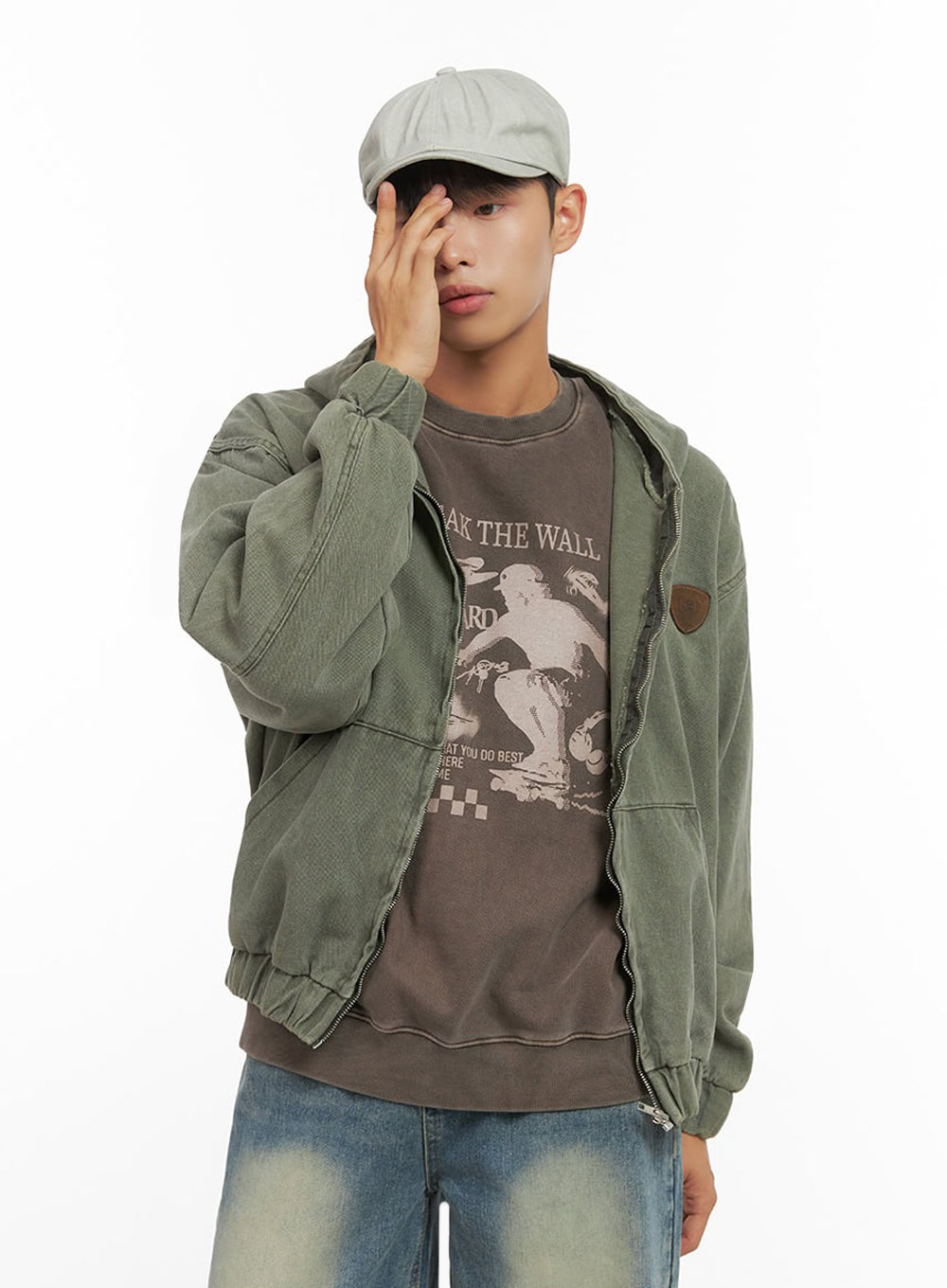 Men's Washed Zip Up Hooded Jacket IO420