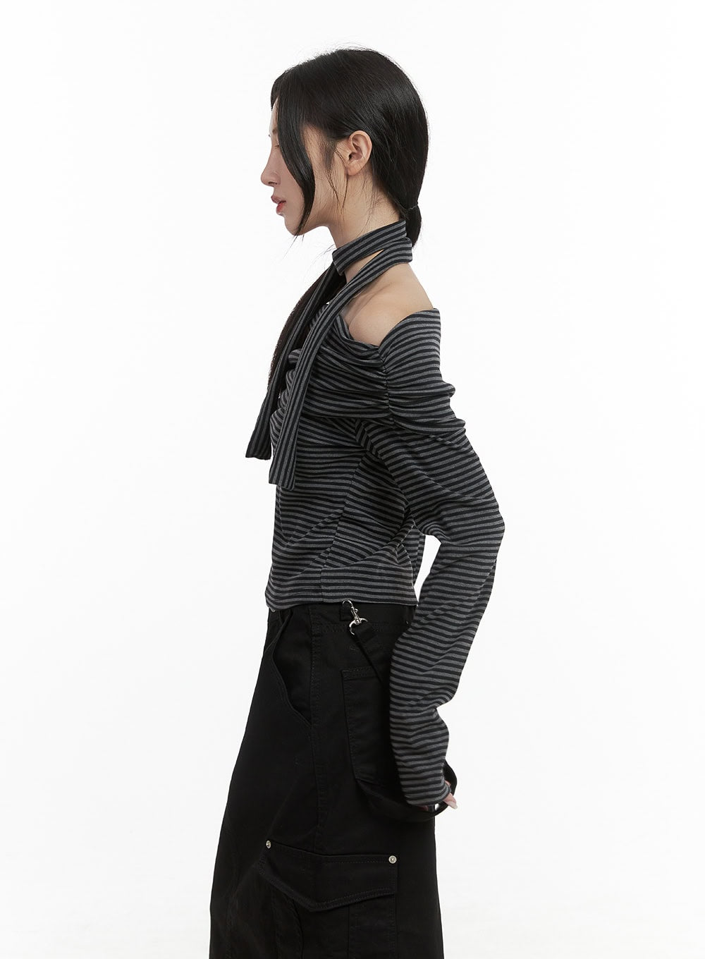 Striped Off Shoulder Crop Top Scarf Set CS430