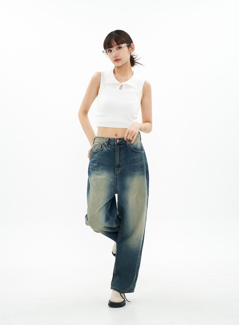 Bleached Wide Leg Denim Pants CA07