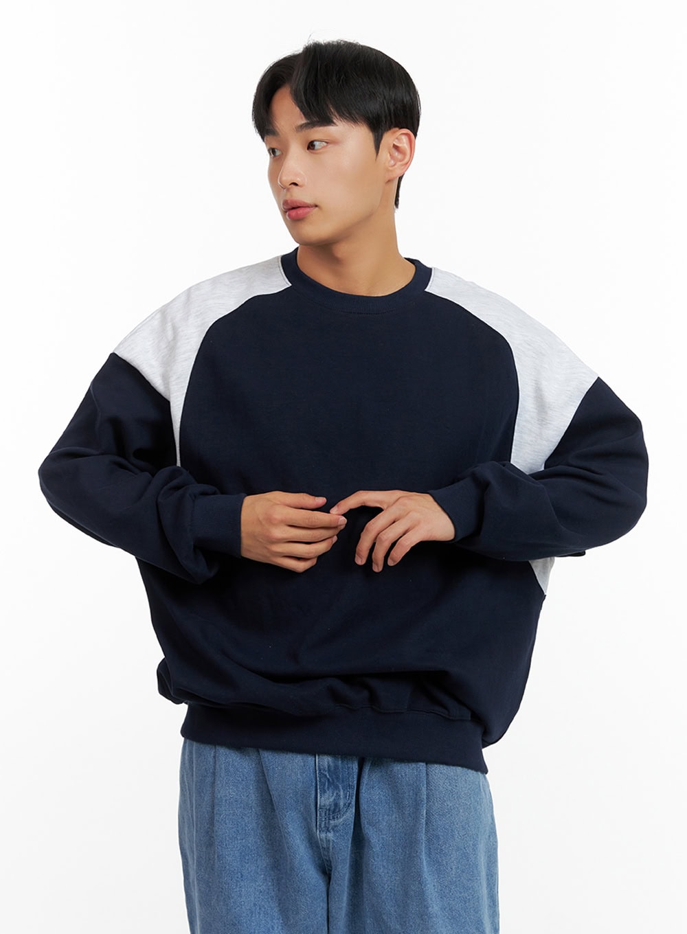 Men's Cozy Contrasting Crewneck Sweatshirt (Dark Blue) IU412