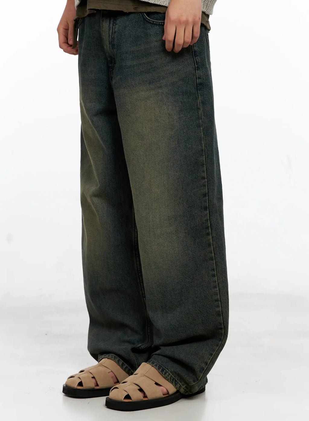 Men's Wide-Leg Washed Denim Jeans IG508