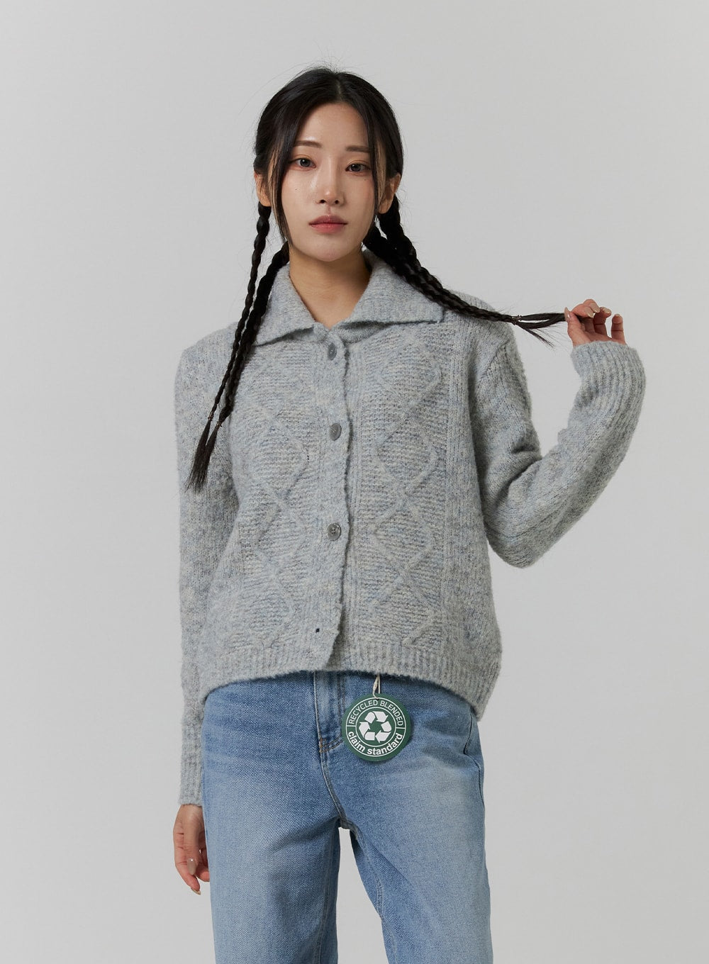 Recycled Polyester Collared Cable Knit Cardigan CD314