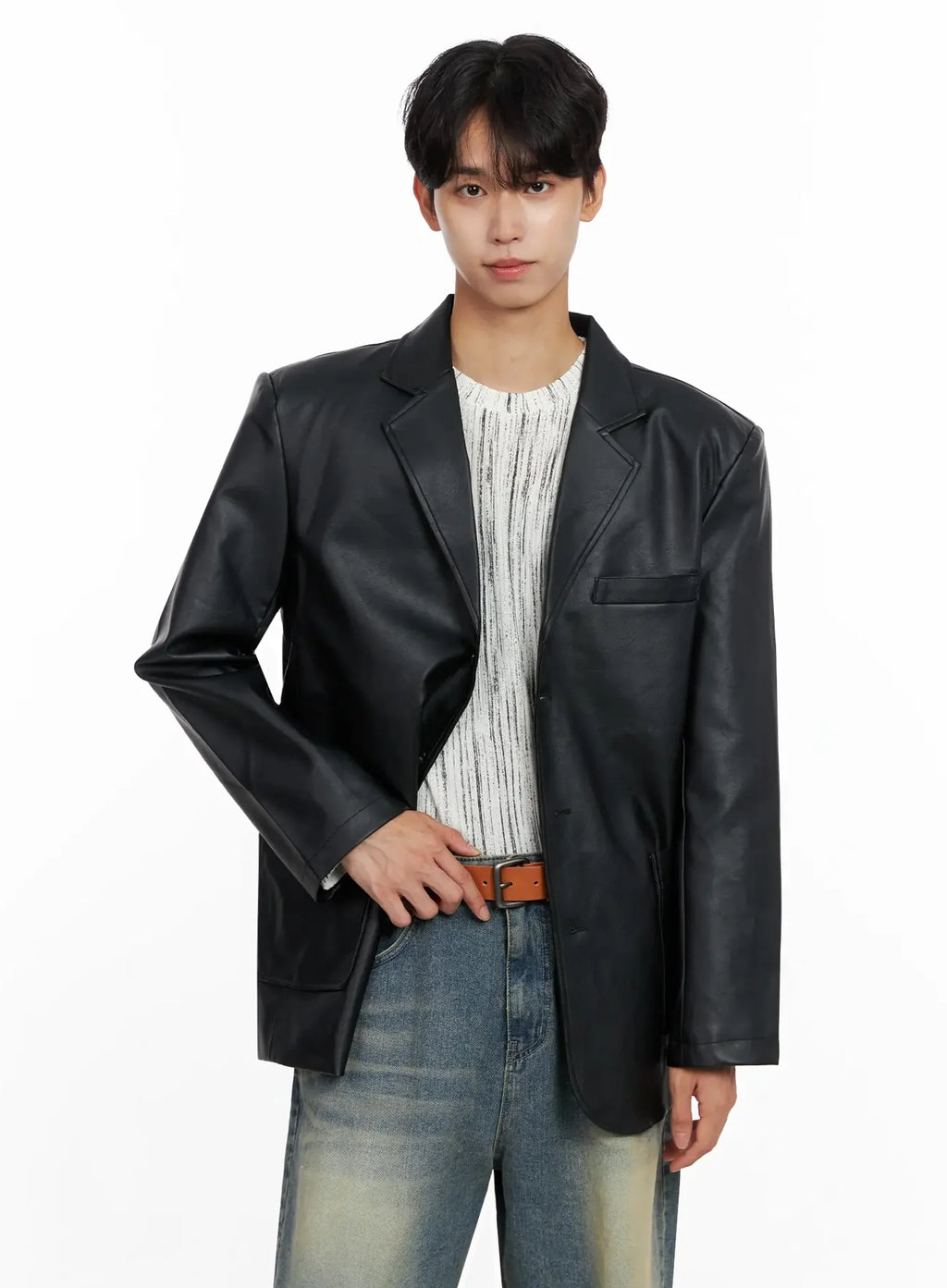 Men's Faux Leather Blazer Jacket IO516