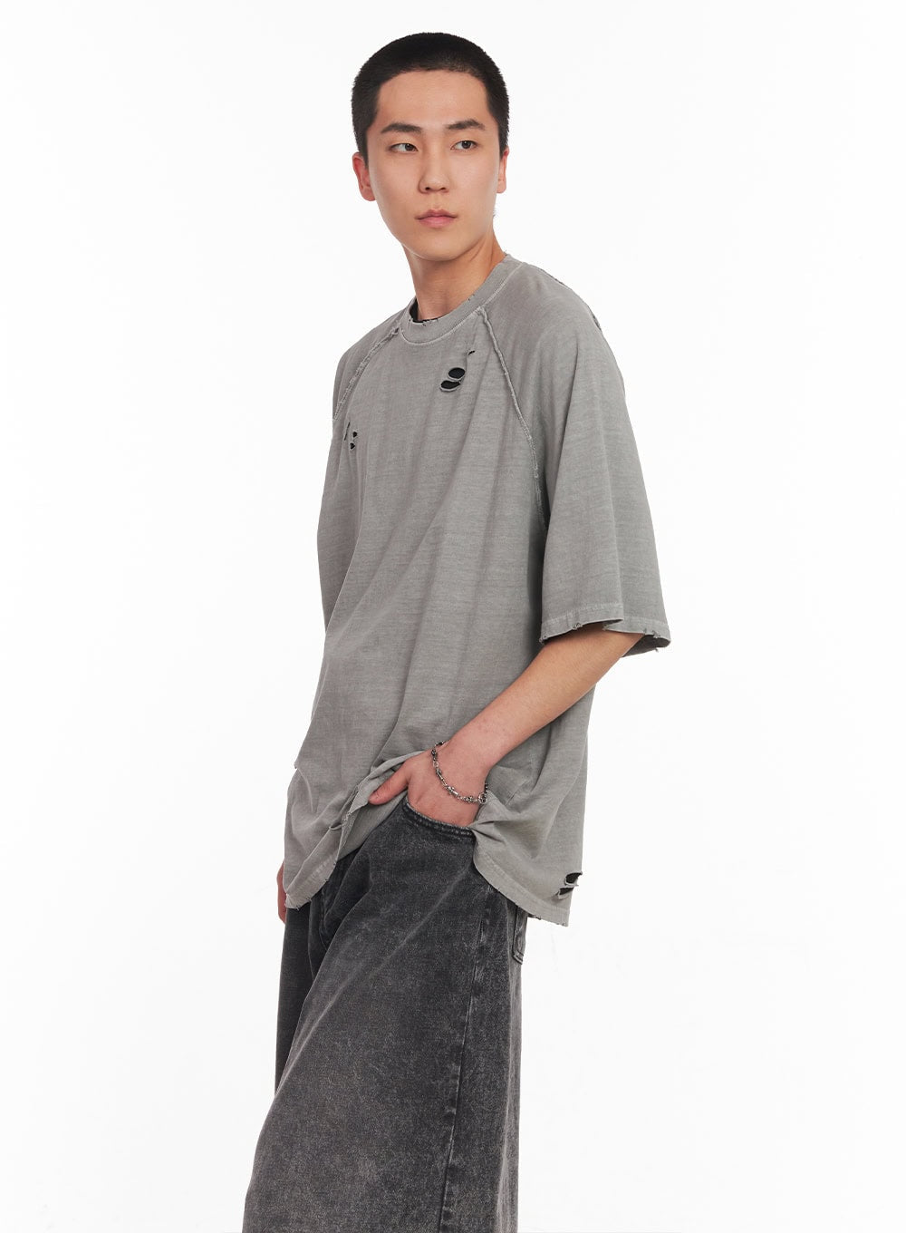 Distressed Washed Cotton T-Shirt IY506