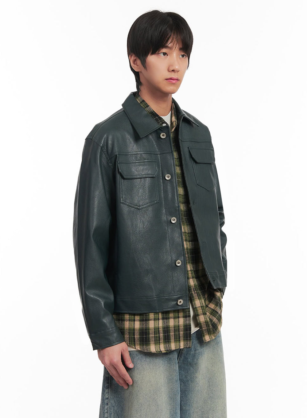 Men's Faux-Leather Collared Trucker Jacket IA511