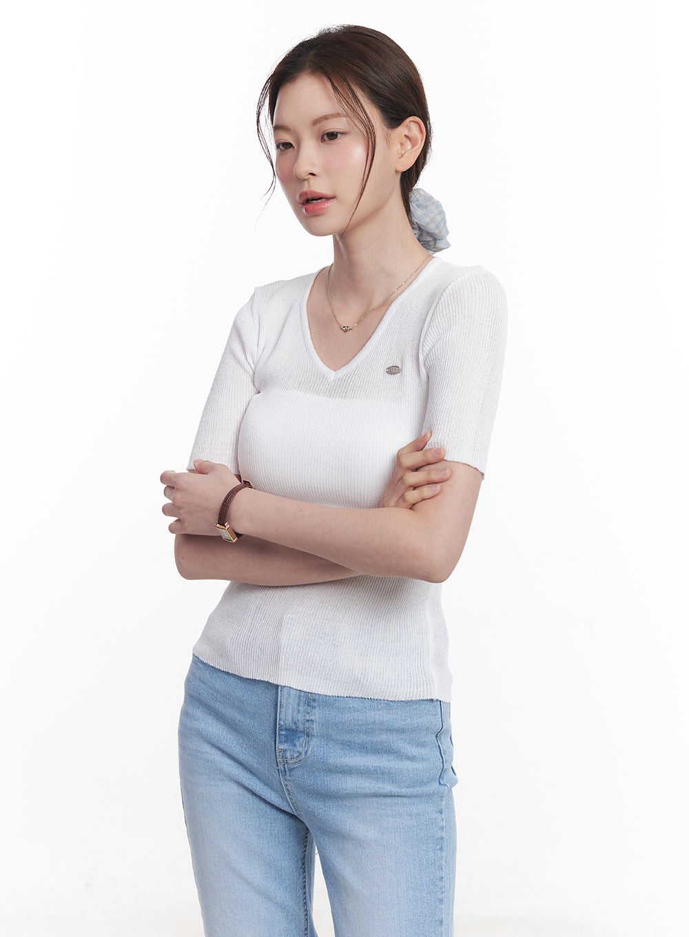 Sheer V-Neck Linen Short Sleeve Sweater CY519