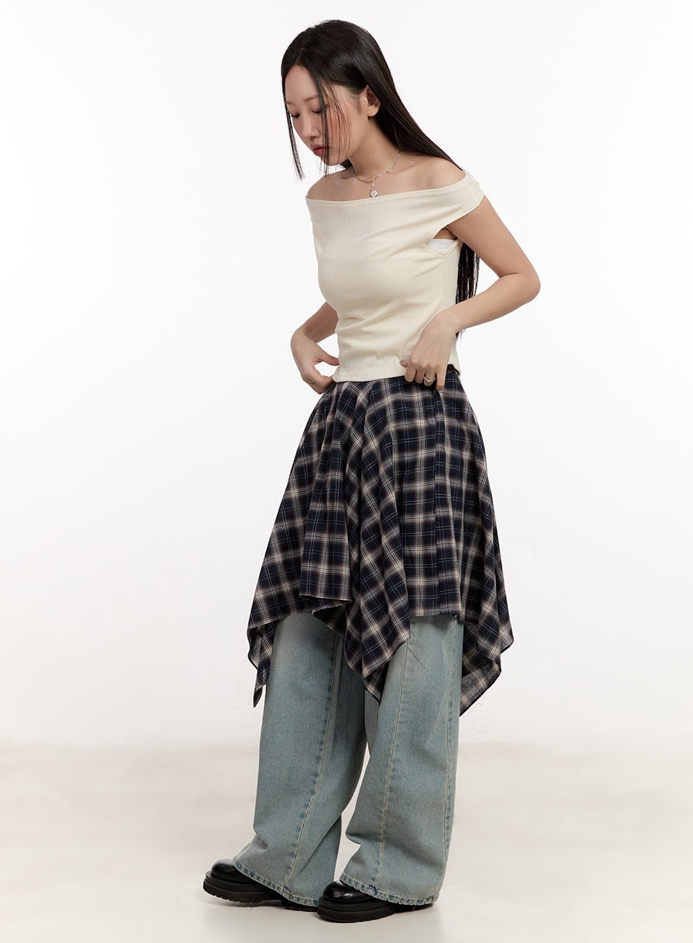 Checkered Layering Handkerchief Midi Skirt CM510