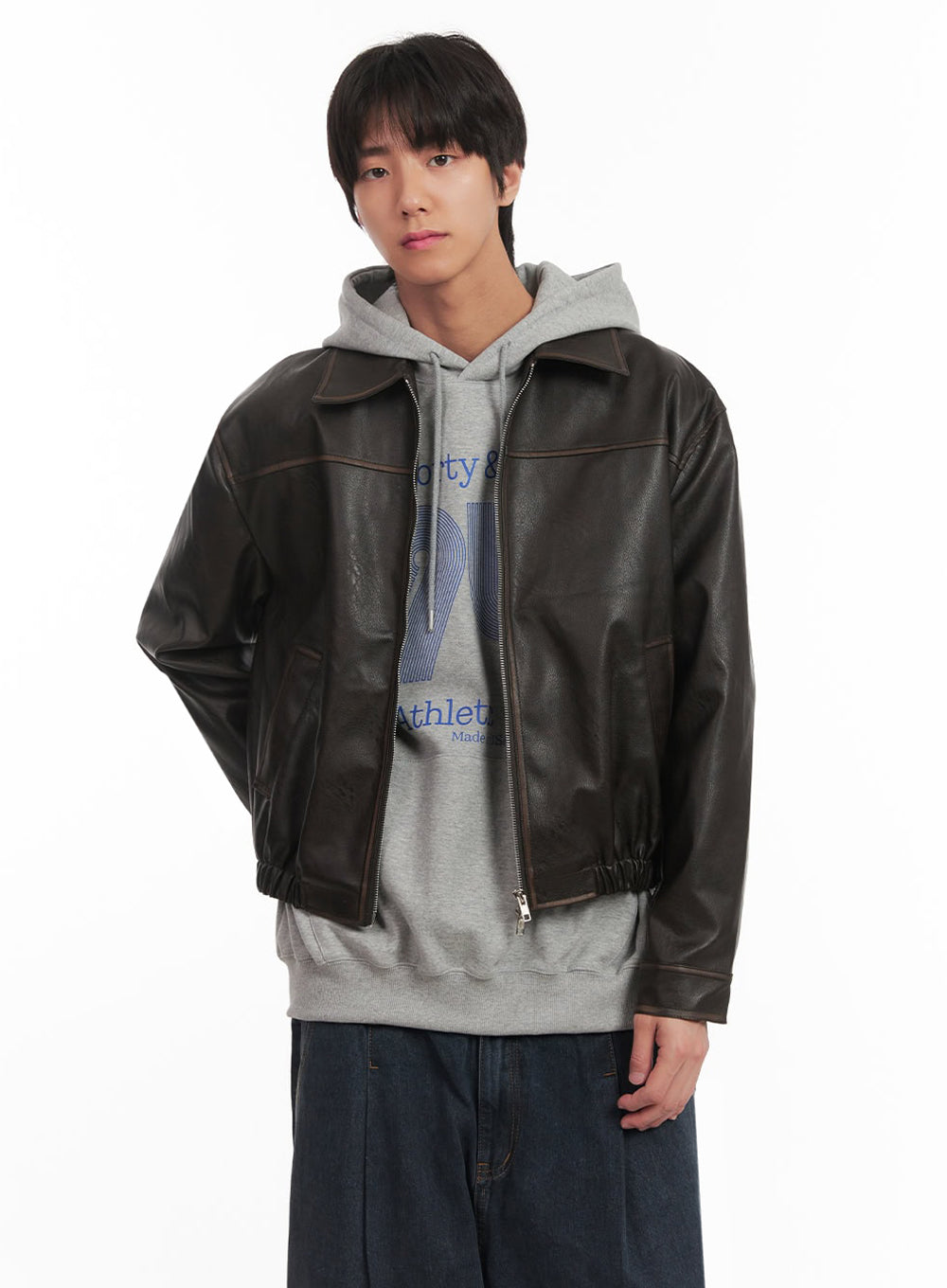 Men's Vintage Faux-Leather Collared Jacket IA510