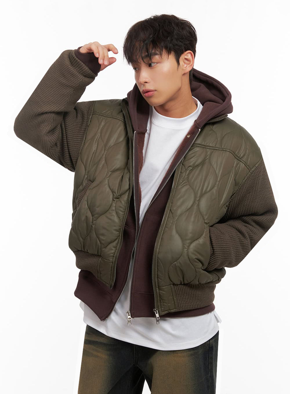 Men's Knit-Sleeve Quilted Bomber Jacket ID427