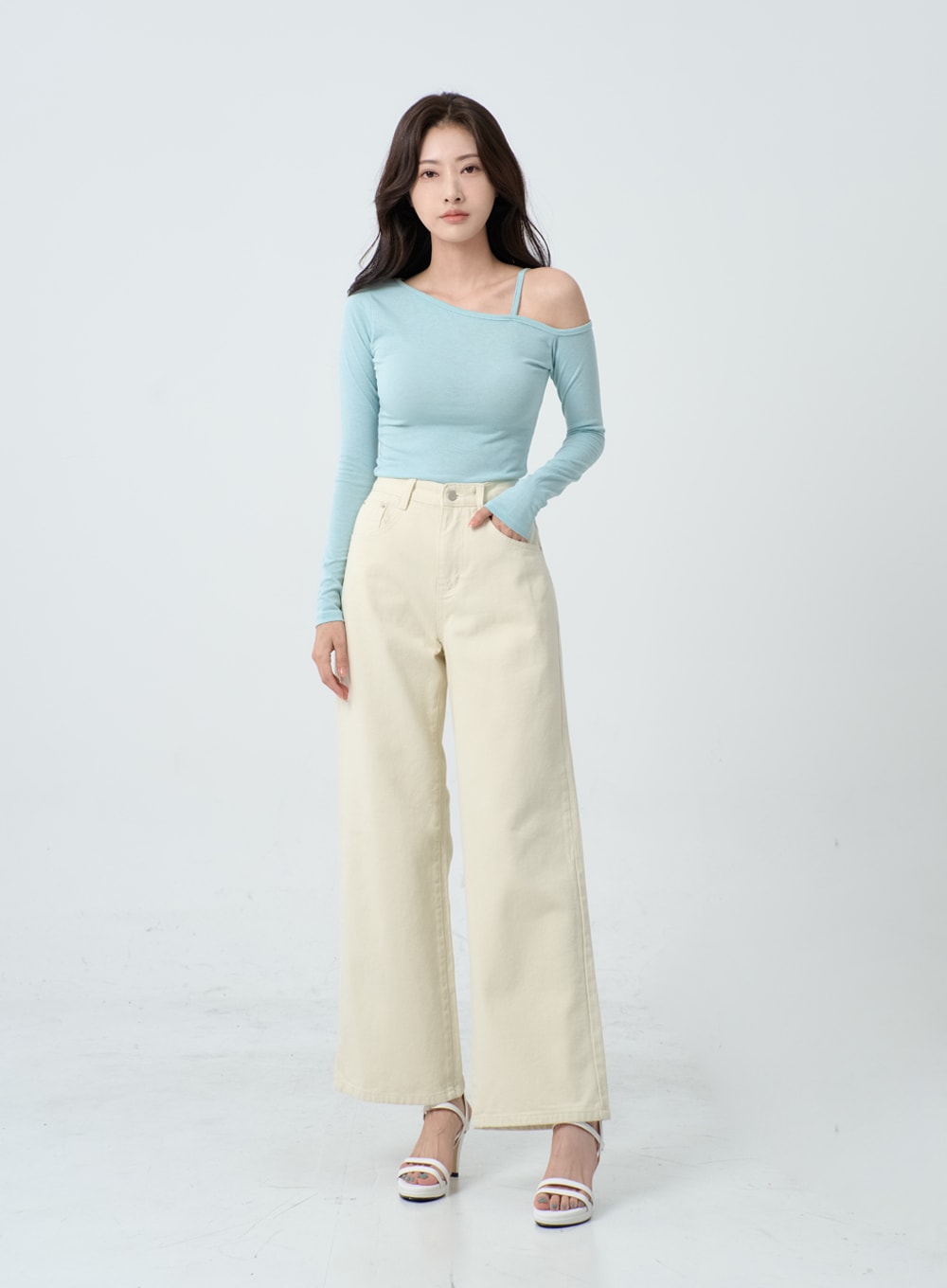 Unbalance Thin Strap Off-Shoulder T-Shirt IO24