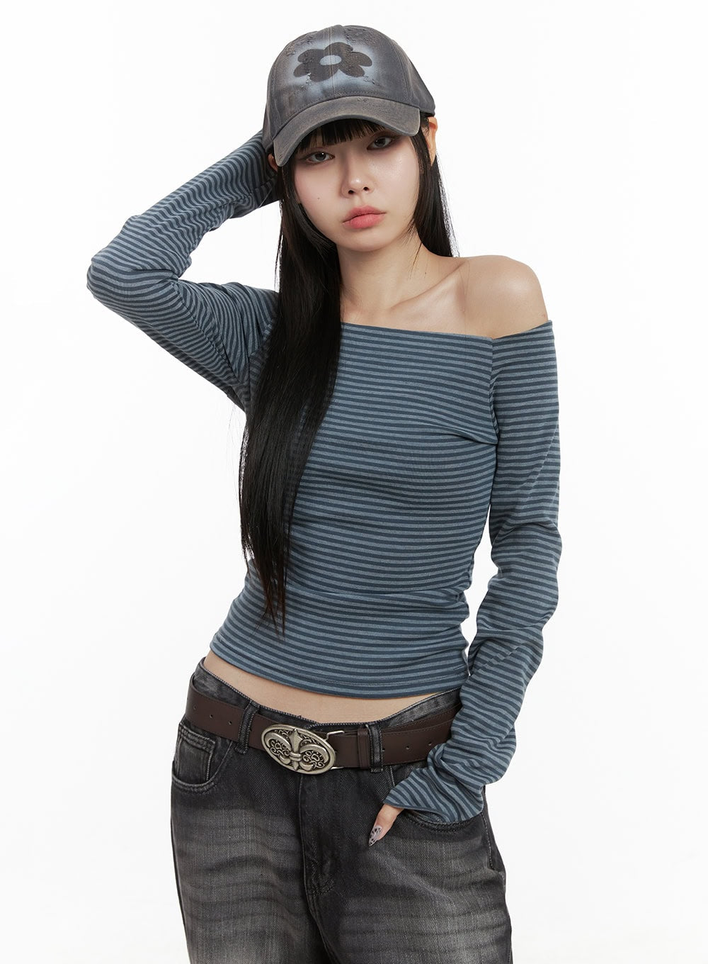 Striped Off-Shoulder Long Sleeve Top OO401