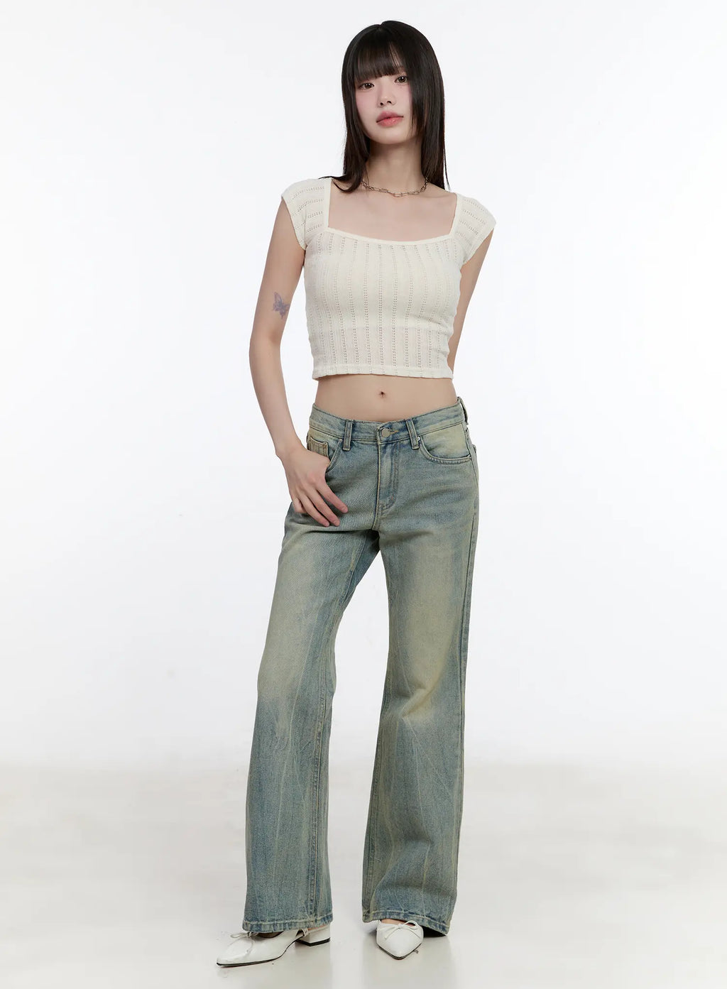 Square-Neck Cap-Sleeve Crop Top CL504