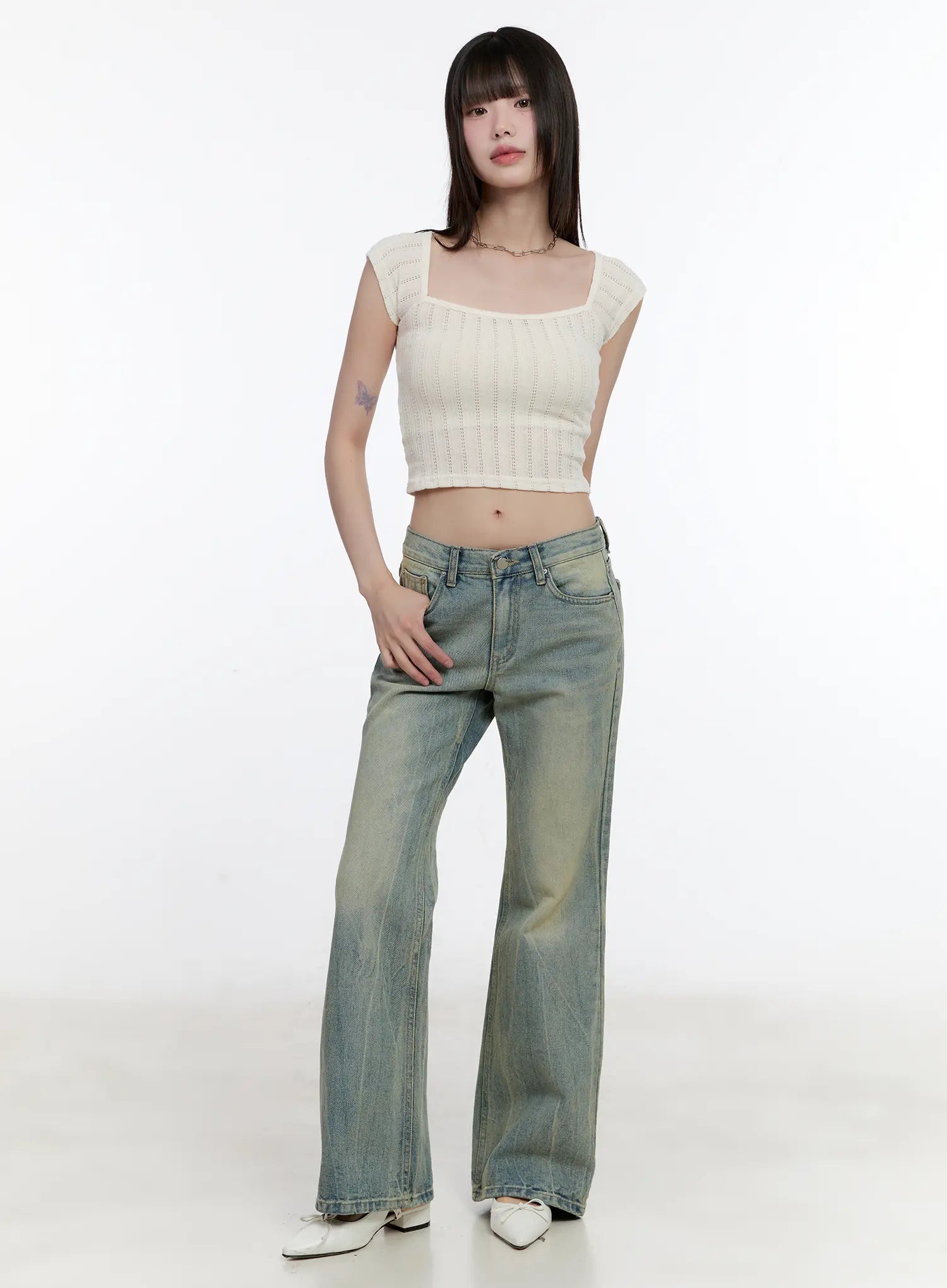 Square-Neck Cap-Sleeve Crop Top CL504