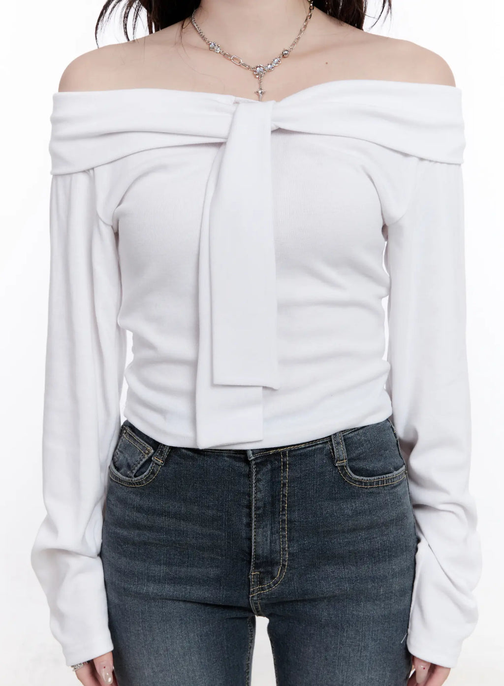 Off-Shoulder Bow Tie Long Sleeve Top CS530