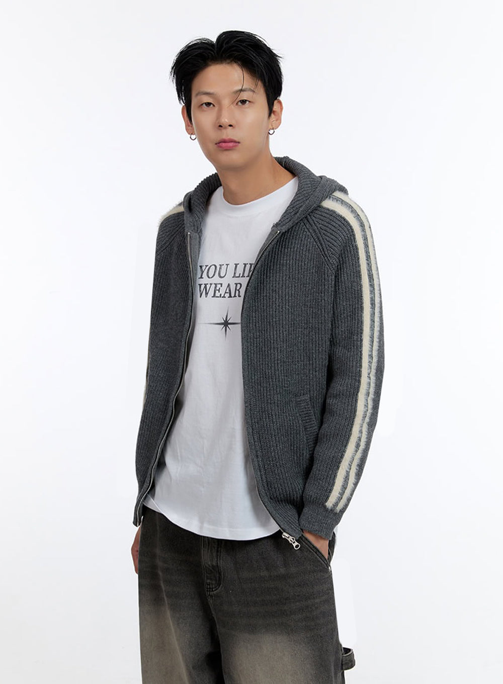 Men's Striped Double Zipper Knit Hoodie IO428